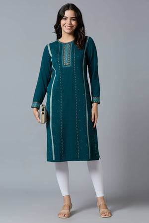 Dark Teal Woolen Straight Kurti