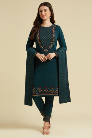 Dark Teal Floral Woolen Salwar Suit