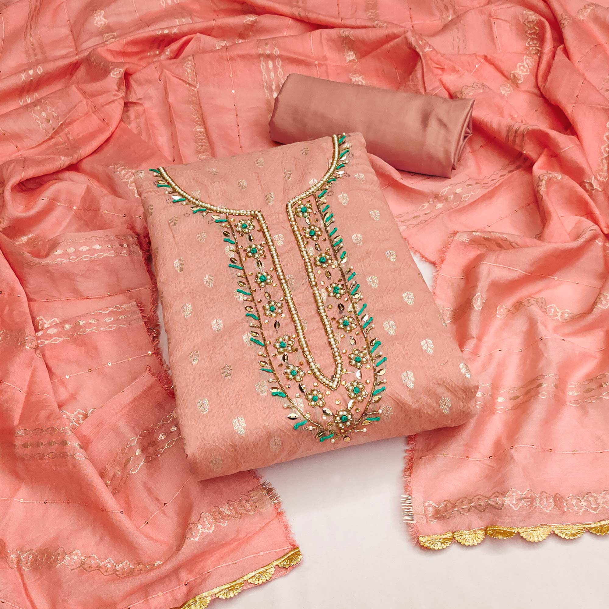 Peach Woven With Handwork Jacquard Dress Material