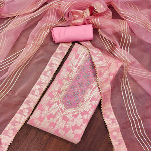 Pink Woven With Handwork Jacquard Dress Material