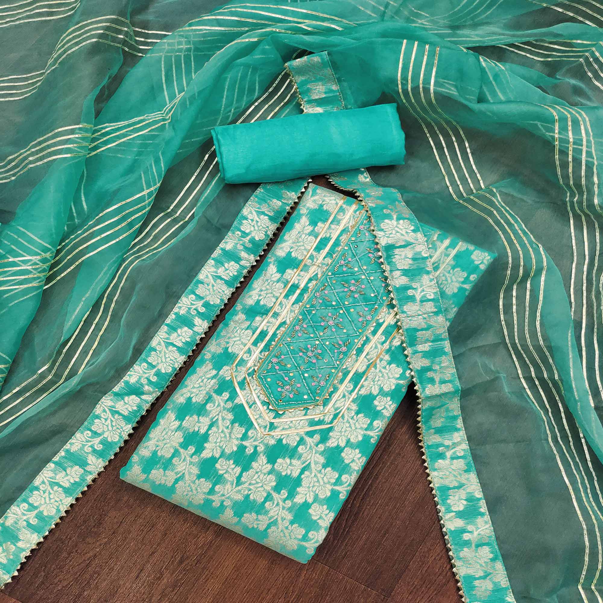 Turquoise Woven With Handwork Jacquard Dress Material