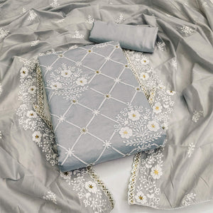 Grey Floral Embroidered Chanderi Cotton Dress Material