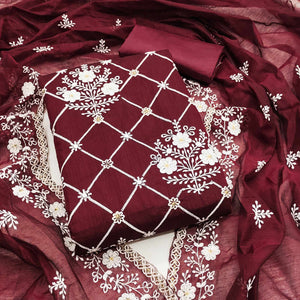 Maroon Floral Embroidered Chanderi Cotton Dress Material
