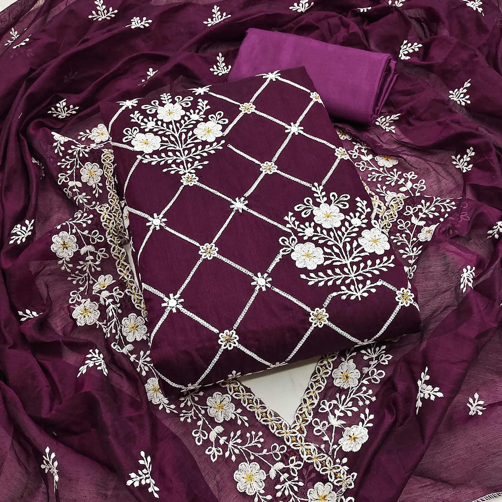 Wine Floral Embroidered Chanderi Cotton Dress Material