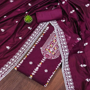 Purple Floral Embroidered Chanderi Cotton Dress Material