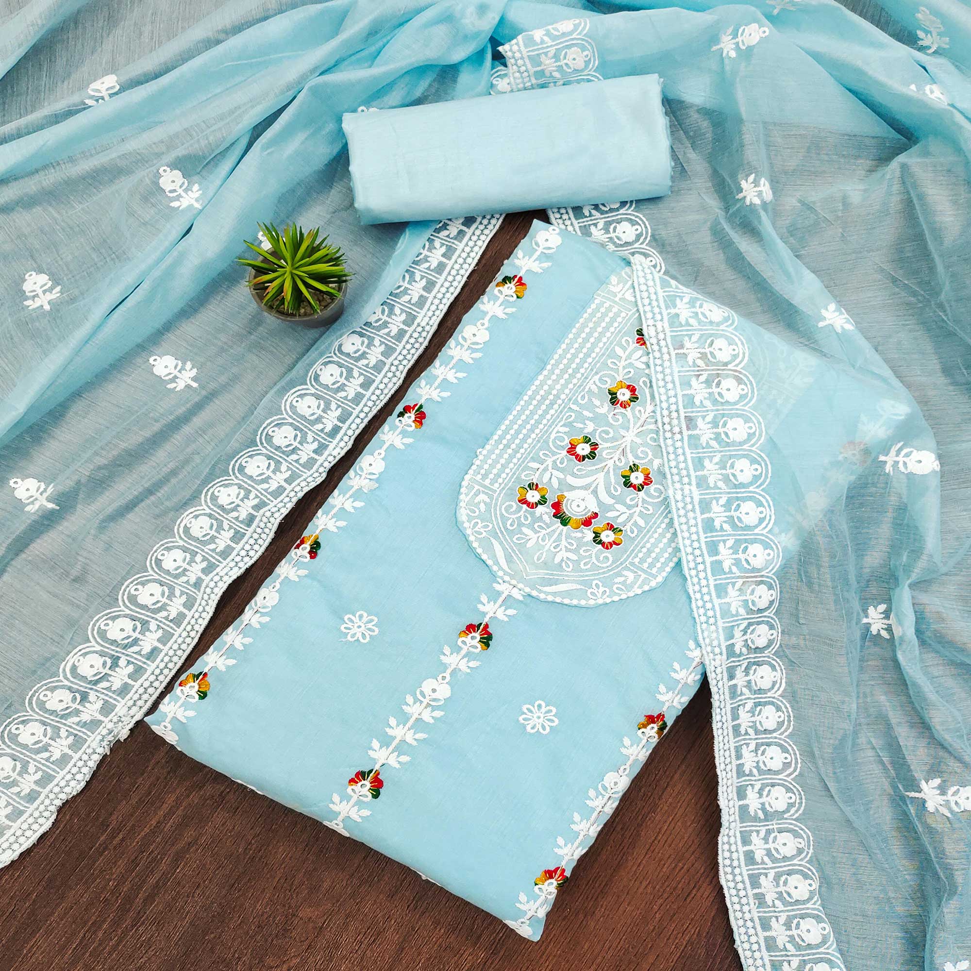 Sky Blue Floral Embroidered Chanderi Cotton Dress Material