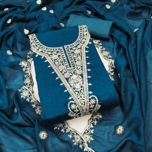 Elegant Blue Floral Embroidered Dress Material In Vichitra Silk With Sequins Detailing