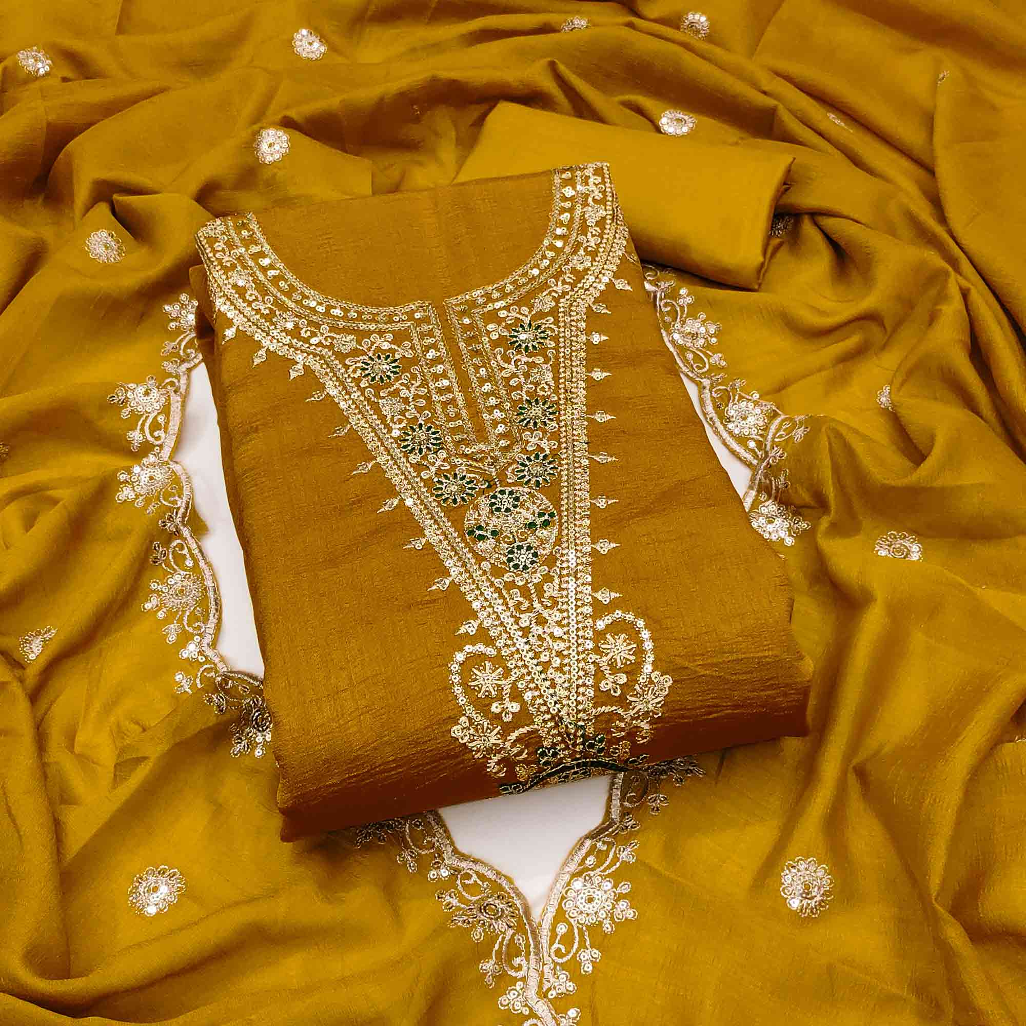 Elegant Mustard Floral Embroidered Dress Material In Vichitra Silk With Sequins Detailing