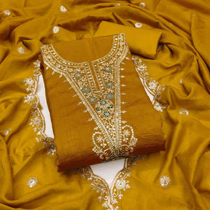Elegant Mustard Floral Embroidered Dress Material In Vichitra Silk With Sequins Detailing