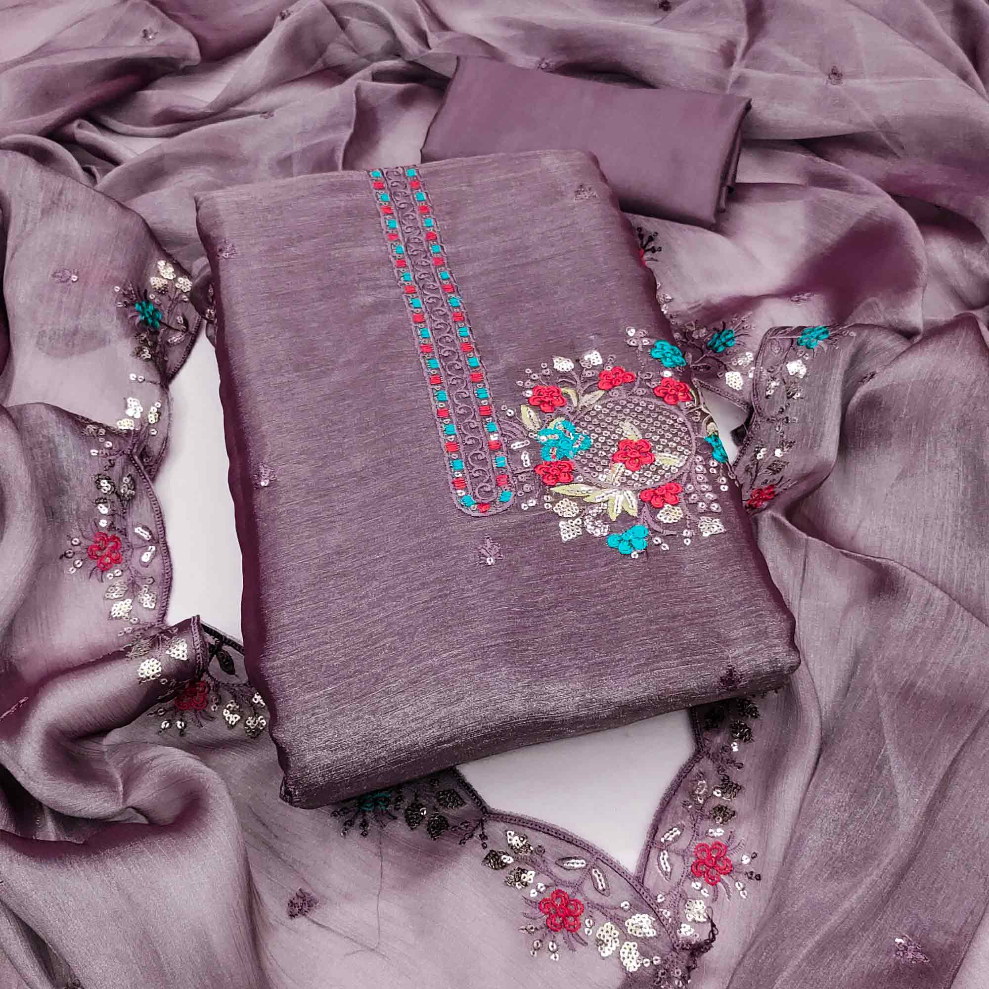 Graceful Lavender Silk Blend Dress Material Featuring Exquisite Floral Embroidery & Sequins Accents