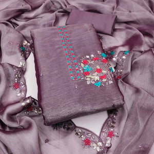 Graceful Lavender Silk Blend Dress Material Featuring Exquisite Floral Embroidery & Sequins Accents