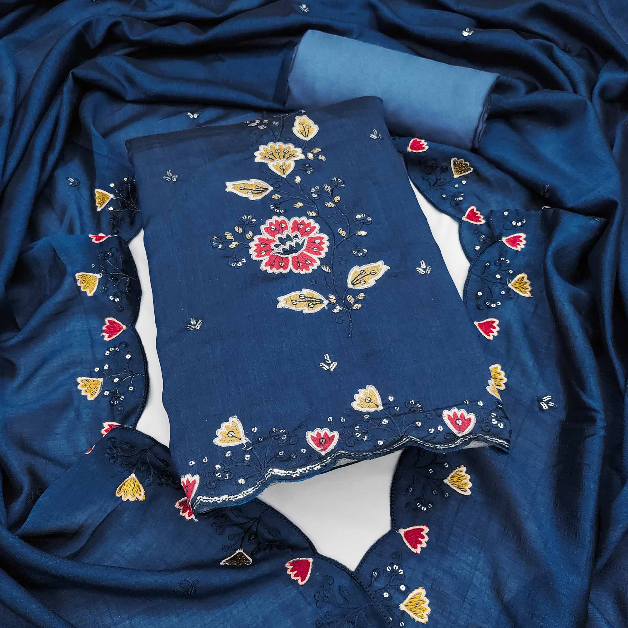 Graceful Blue Vichitra Silk Dress Material Adorned With Floral Thread Embroidery & Sequins Work