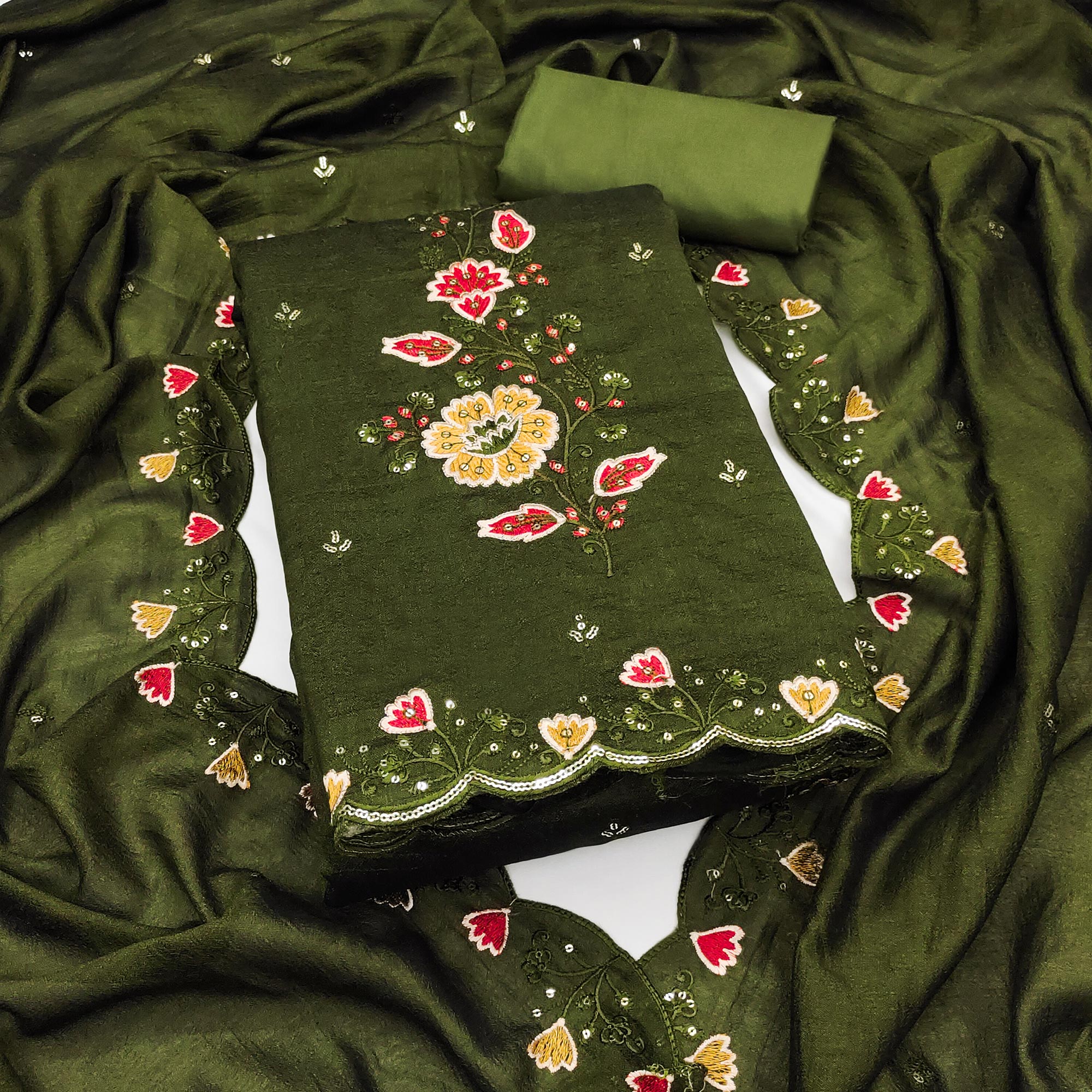 Graceful Green Vichitra Silk Dress Material Adorned With Floral Thread Embroidery & Sequins Work