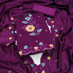 Graceful Purple Vichitra Silk Dress Material Adorned With Floral Thread Embroidery & Sequins Work