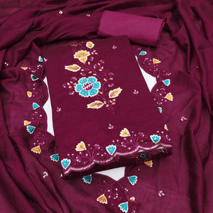 Graceful Wine Vichitra Silk Dress Material Adorned With Floral Thread Embroidery & Sequins Work