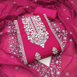Dark Pink Cotton Blend Unstitched Suit Set Highlighted with Soft Floral Embroidery