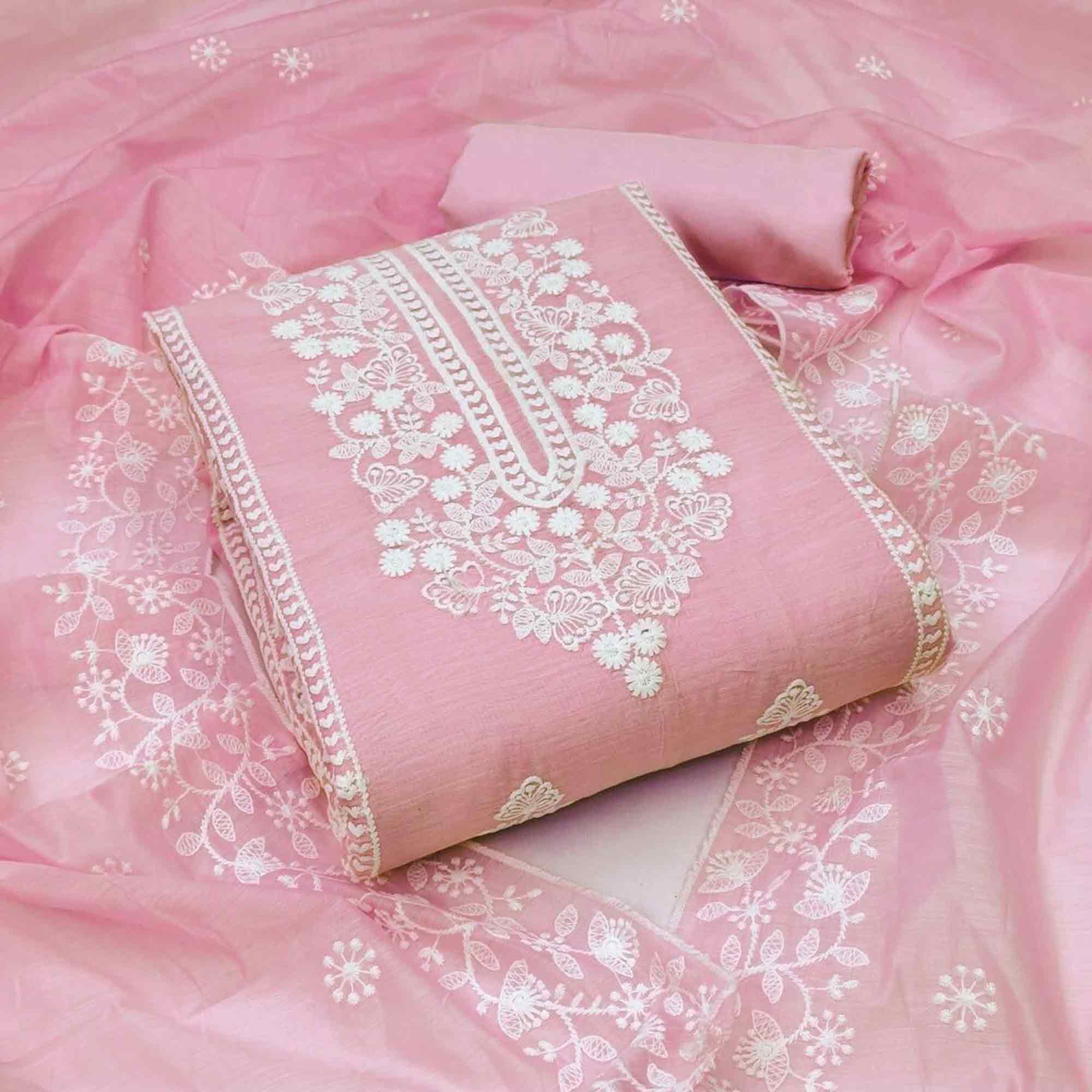 Light Pink Cotton Blend Unstitched Suit Set Highlighted with Soft Floral Embroidery