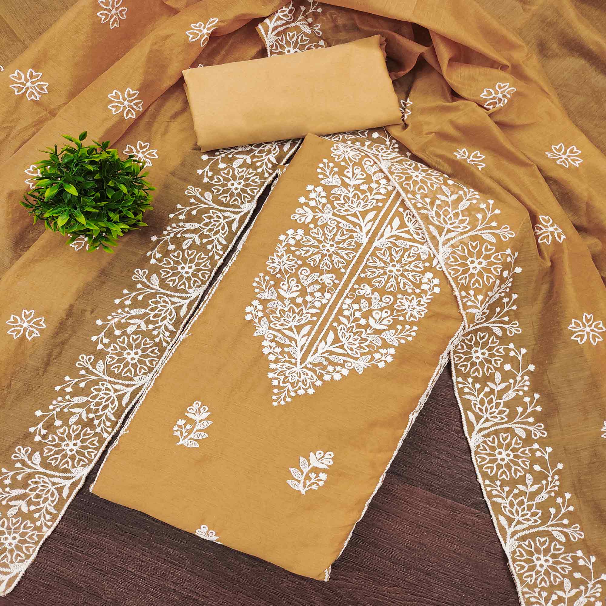 Beige Cotton Blend Unstitched Suit Material with Soft Floral Embroidery Work