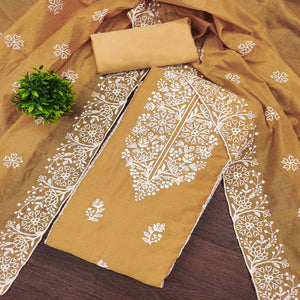 Beige Cotton Blend Unstitched Suit Material with Soft Floral Embroidery Work
