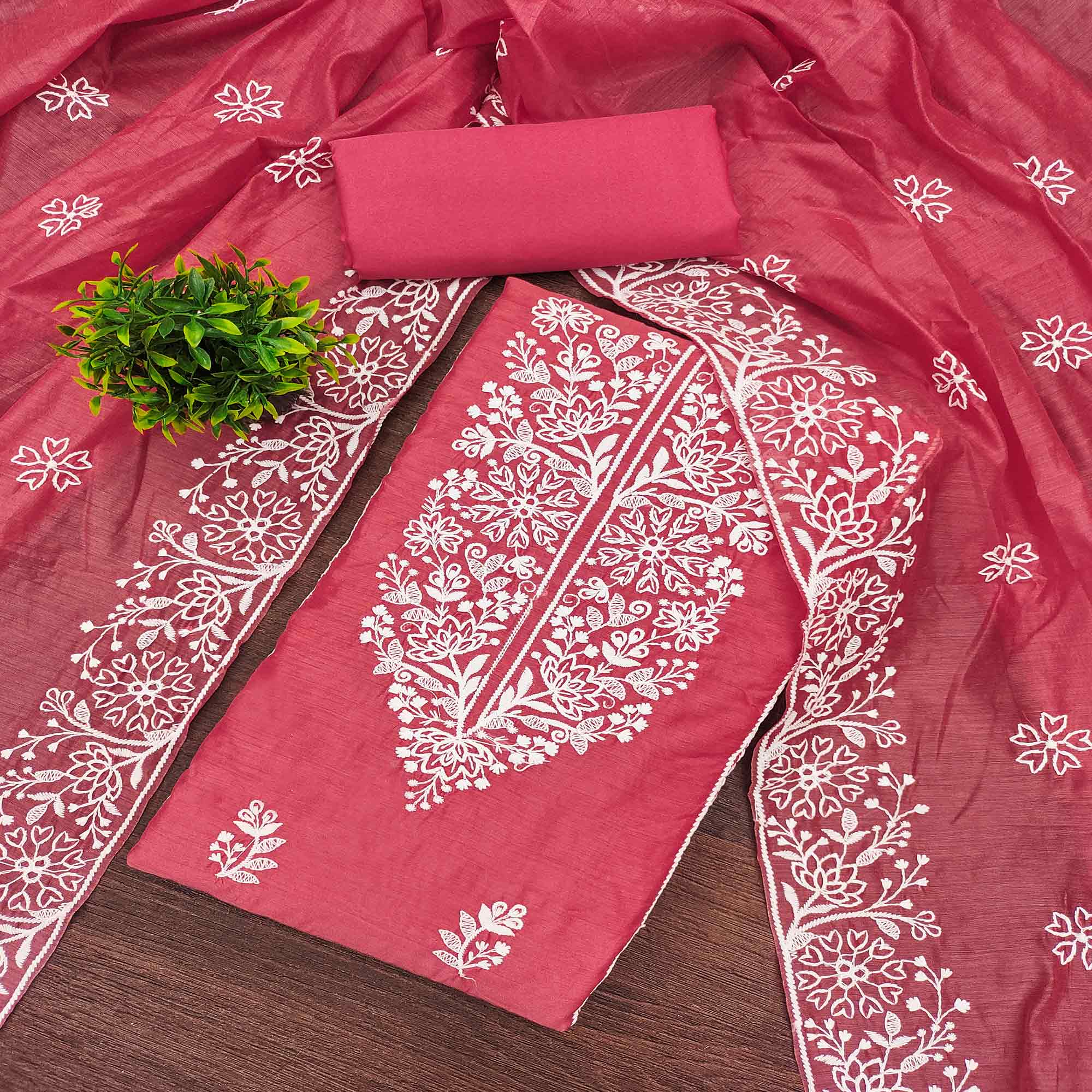 Gajri Pink Cotton Blend Unstitched Suit Material with Soft Floral Embroidery Work