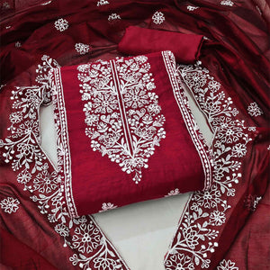 Maroon Cotton Blend Unstitched Suit Material with Soft Floral Embroidery Work