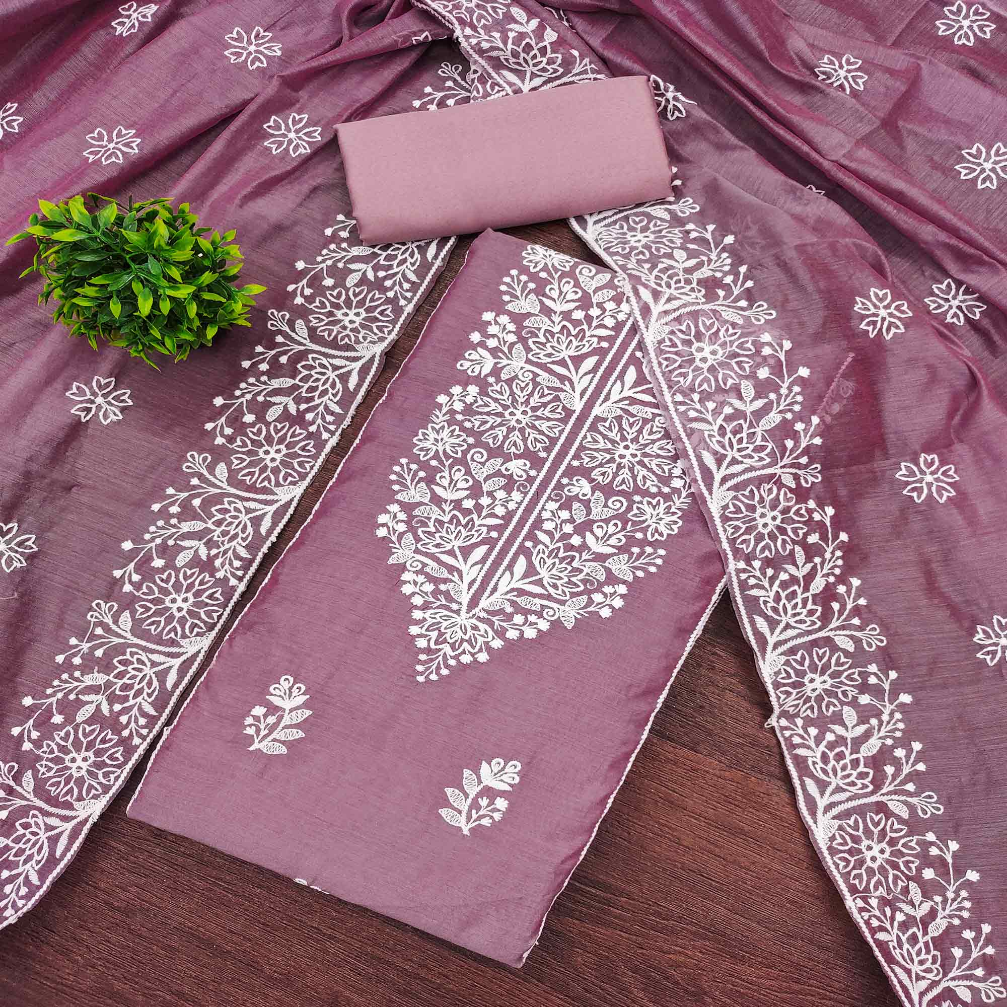 Mauve Cotton Blend Unstitched Suit Material with Soft Floral Embroidery Work
