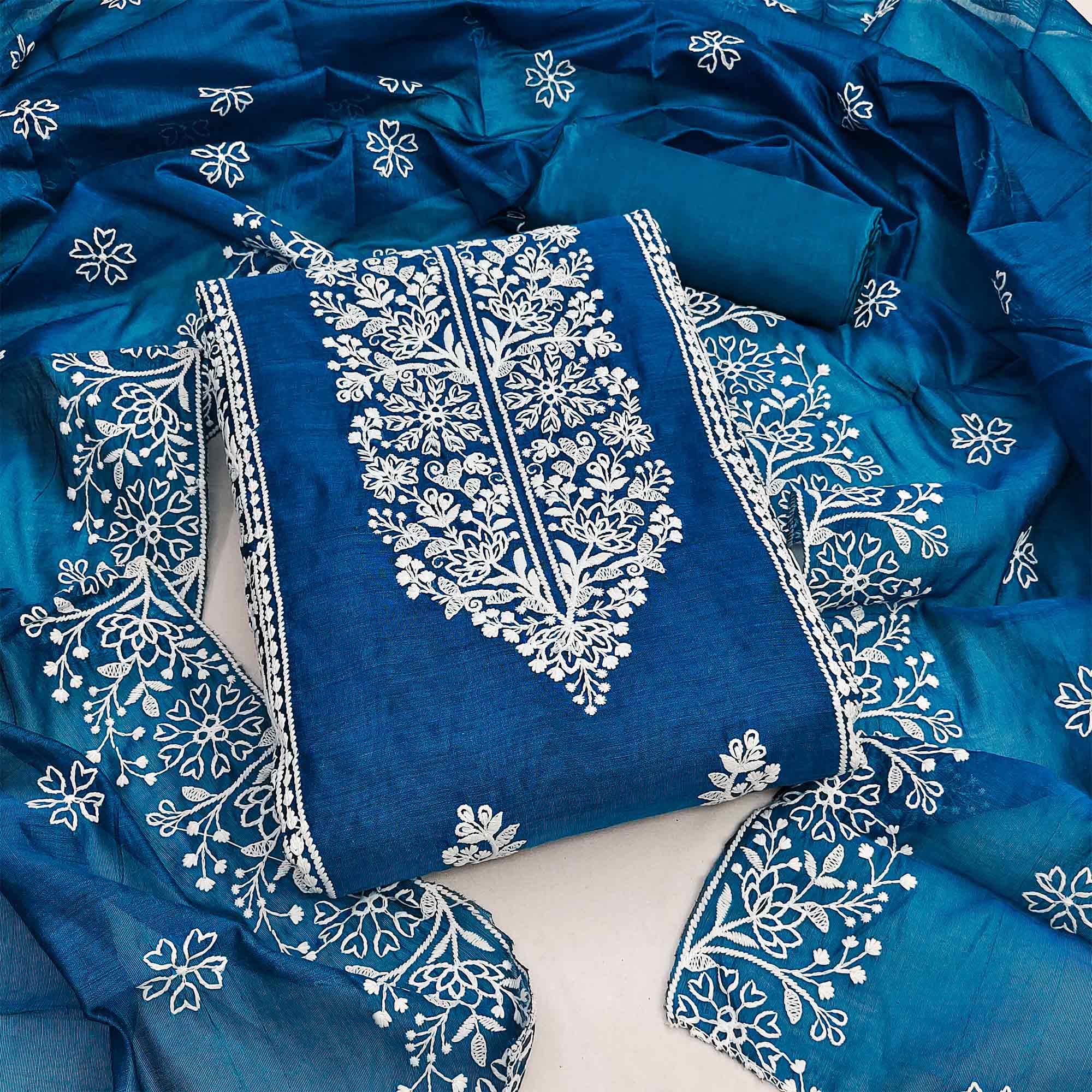 Teal Cotton Blend Unstitched Suit Material with Soft Floral Embroidery Work