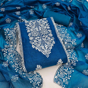 Teal Cotton Blend Unstitched Suit Material with Soft Floral Embroidery Work