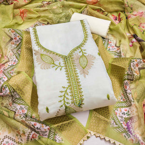 Elegant Cream & Green Floral Embroidered Roman Cotton Silk Dress Material With Subtle Sequins Work