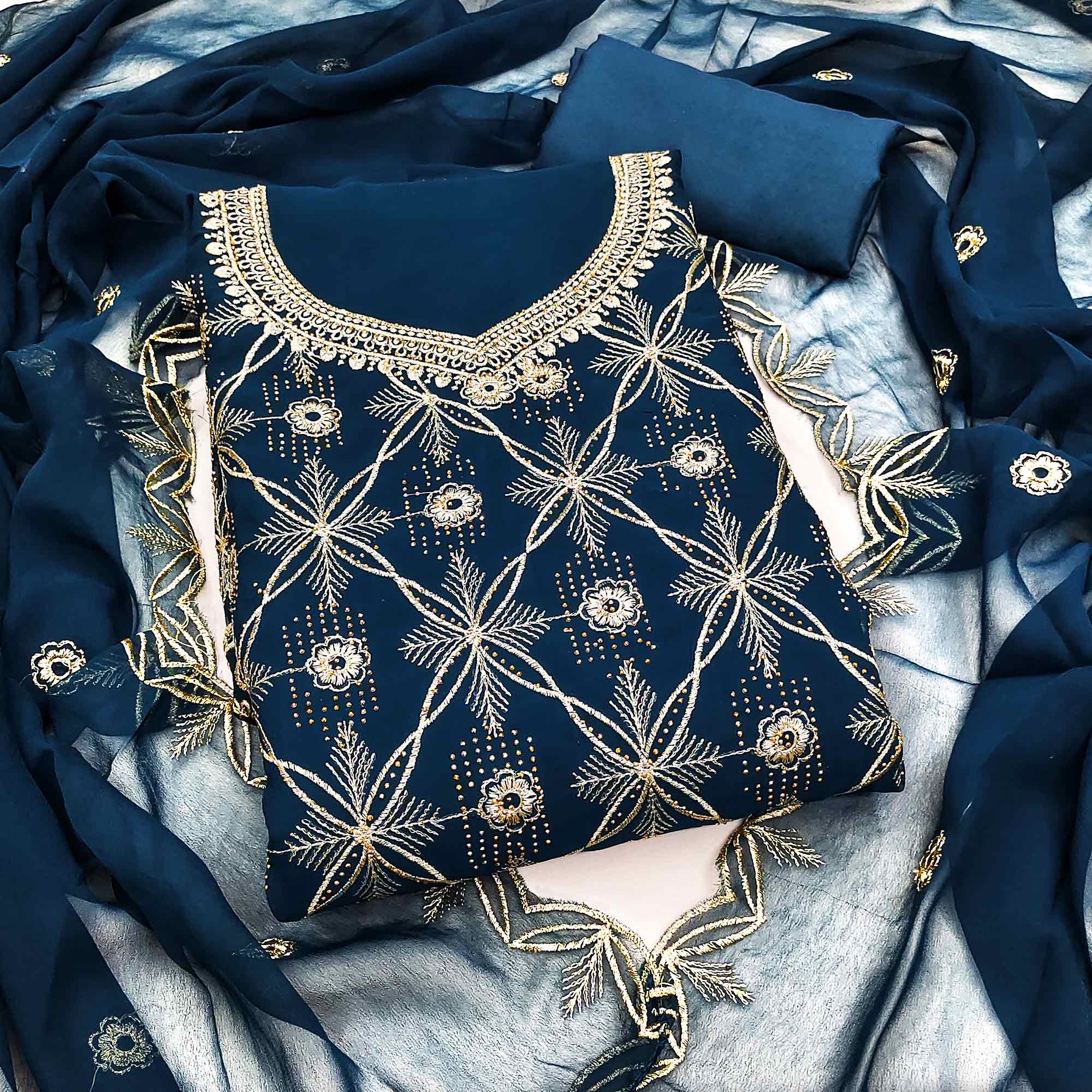 Premium Blue Floral Embroidered Georgette Dress Material Accentuated With Swarovski Detailing