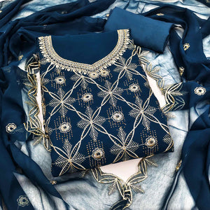 Premium Blue Floral Embroidered Georgette Dress Material Accentuated With Swarovski Detailing