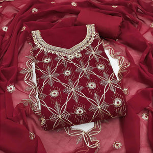 Premium Maroon Floral Embroidered Georgette Dress Material Accentuated With Swarovski Detailing