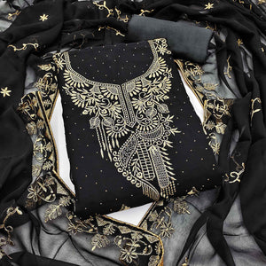 Ethnic Black Floral Embroidered Georgette Dress Material With Shimmering Swarovski Accents