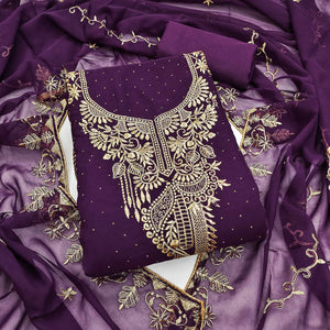 Ethnic Purple Floral Embroidered Georgette Dress Material With Shimmering Swarovski Accents