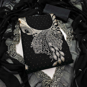 Sophisticated Black Floral Embroidered Georgette Dress Material Enhanced With Fine Swarovski Work