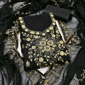Classic Black Floral Embroidery Georgette Dress Material With Subtle Swarovski Embellishments