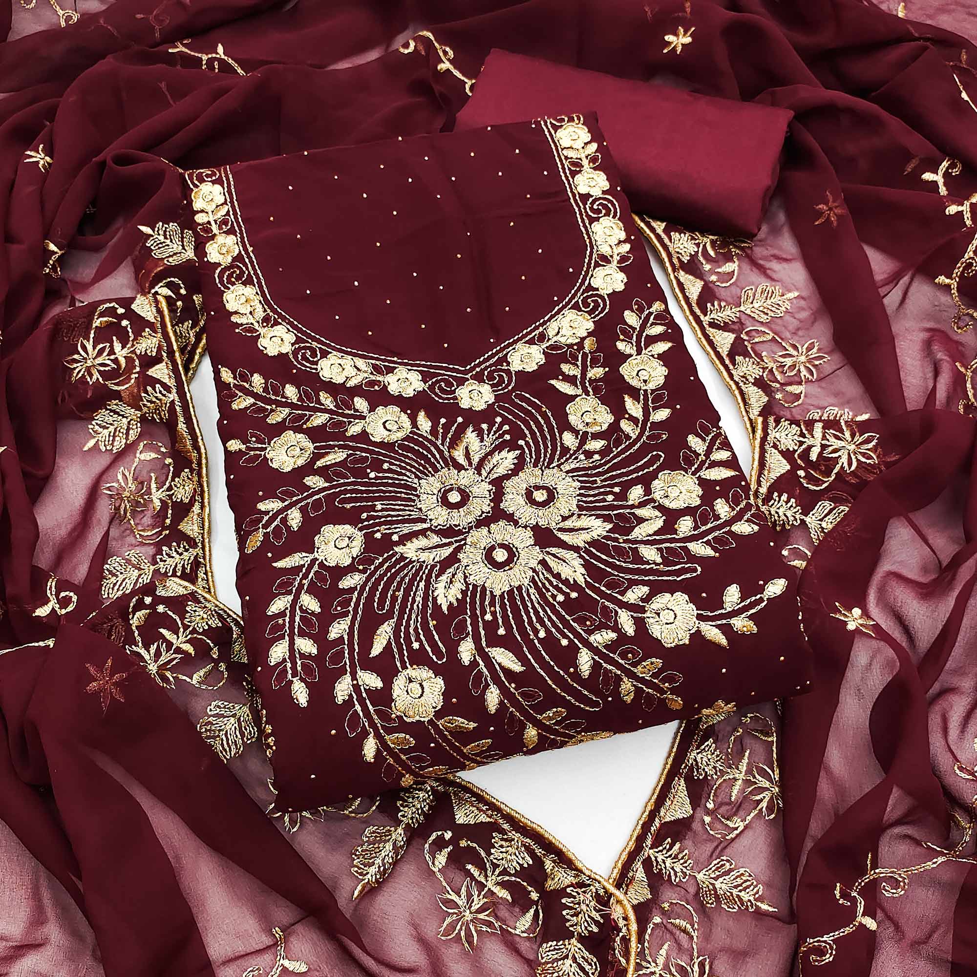 Classic Maroon Floral Embroidery Georgette Dress Material With Subtle Swarovski Embellishments