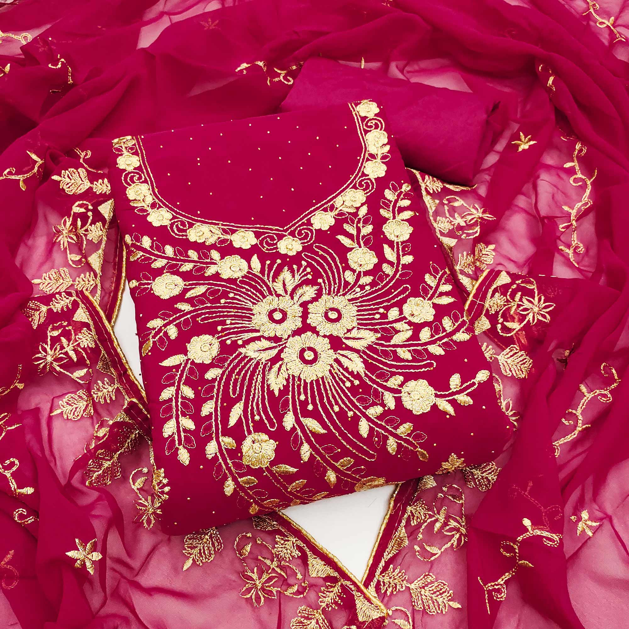 Classic Pink Floral Embroidery Georgette Dress Material With Subtle Swarovski Embellishments