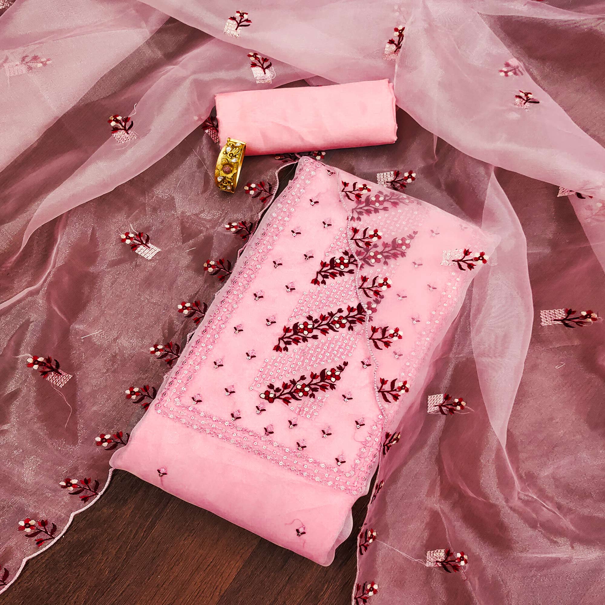 Baby Pink Floral Sequins Embroidered Organza Dress Material