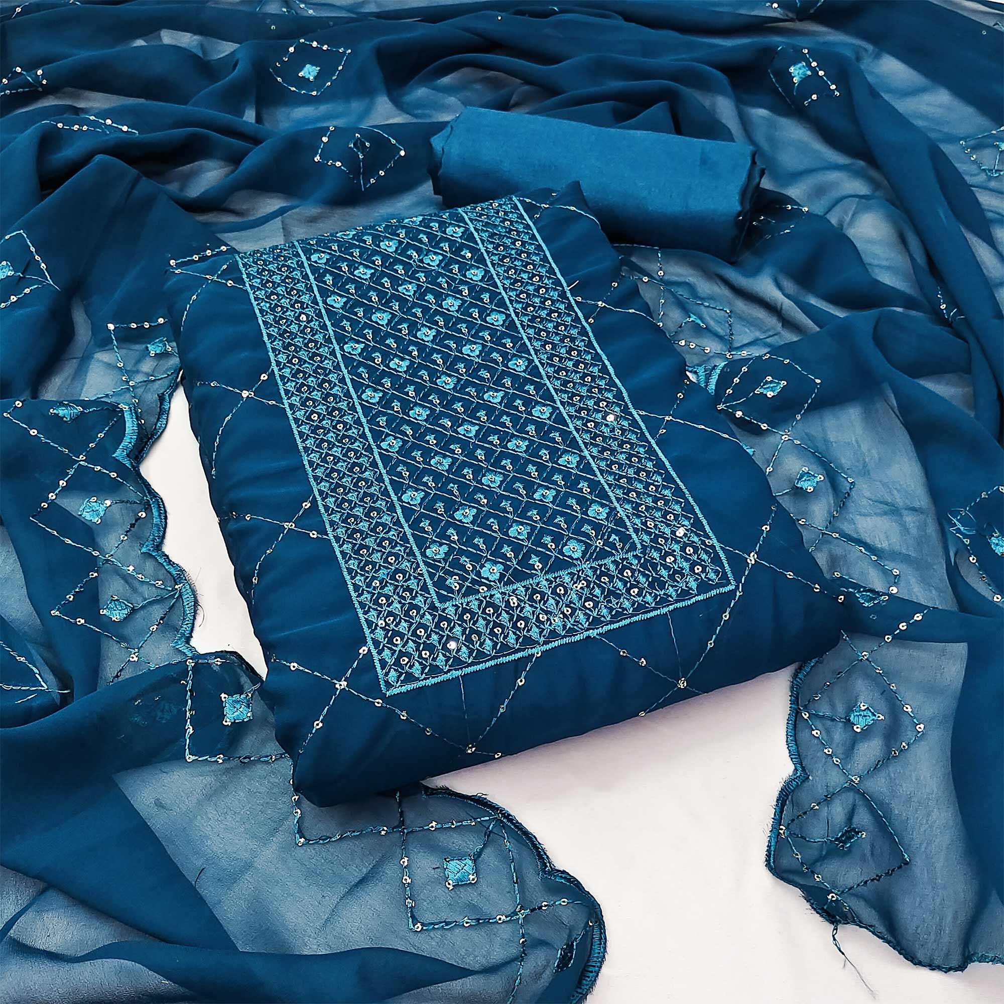 Blue Georgette Dress Material Featuring Delicate Thread Embroidery & Sequin Accent