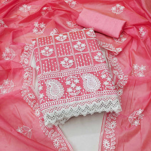 Gajari Pink Floral Embroidered Chanderi Cotton Dress Material