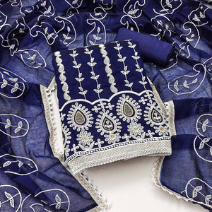 Blue Floral Embroidered Chanderi Cotton Dress Material