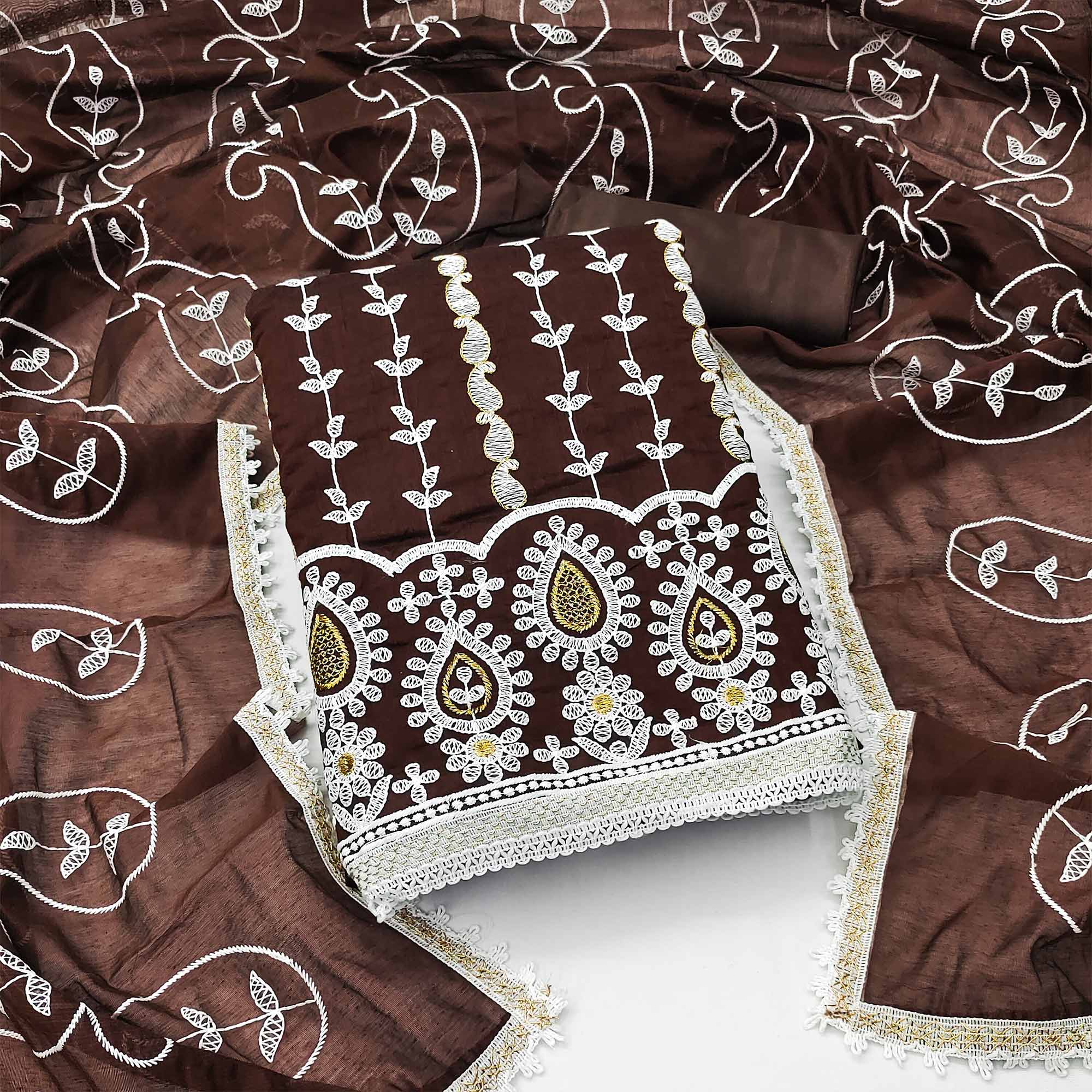 Brown Floral Embroidered Chanderi Cotton Dress Material