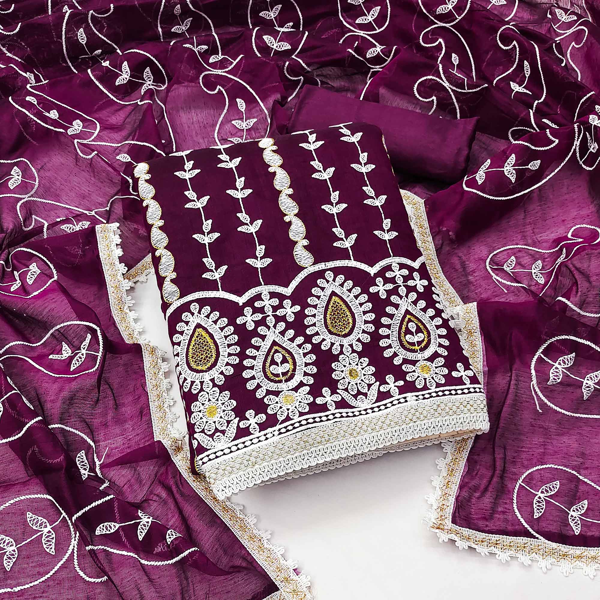 Wine Floral Embroidered Chanderi Cotton Dress Material