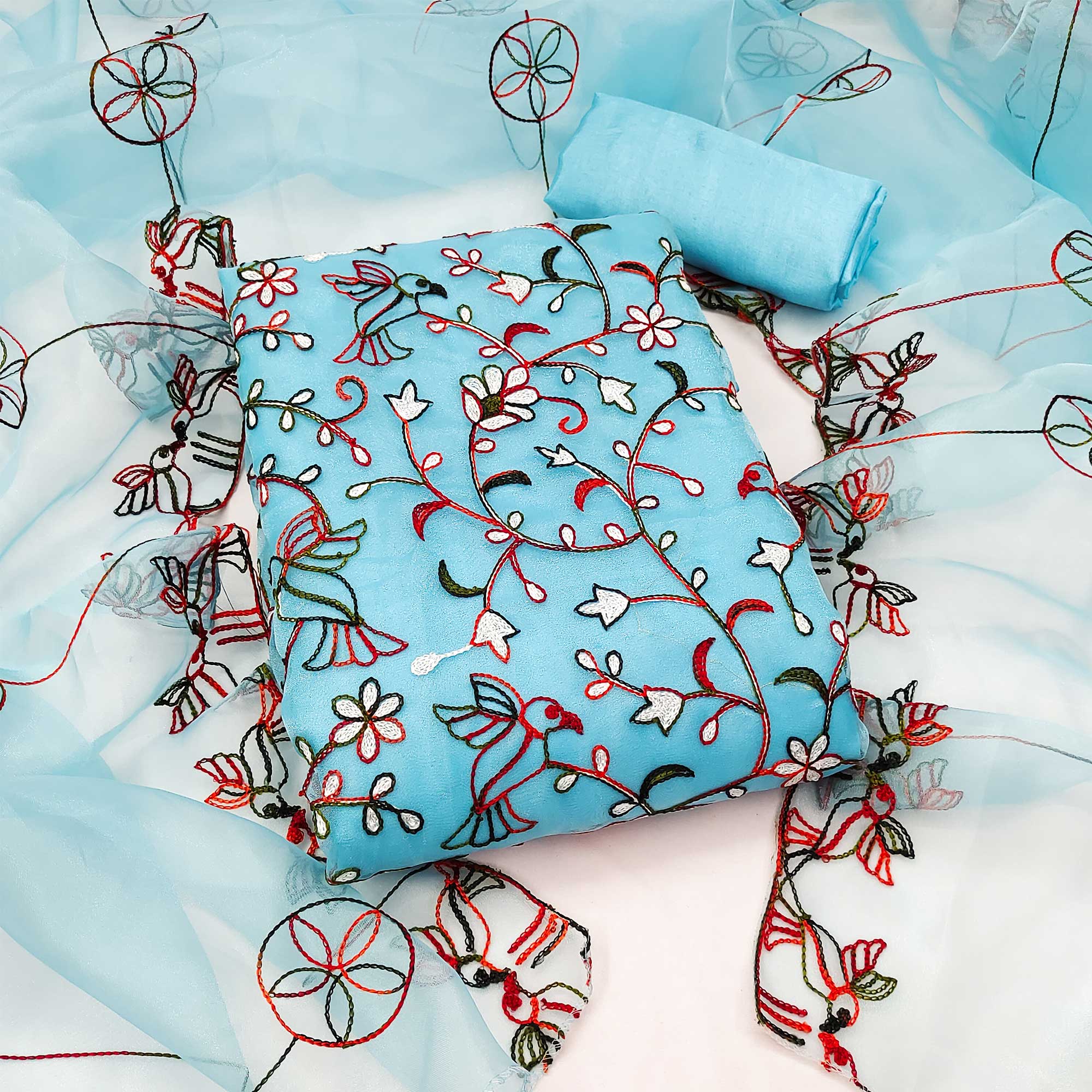 Blue Floral Embroidered Organza Dress Material