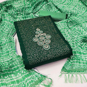 Green Floral Embroidered Cotton Blend Dress Material Adorned With Sparkling Sequins Work