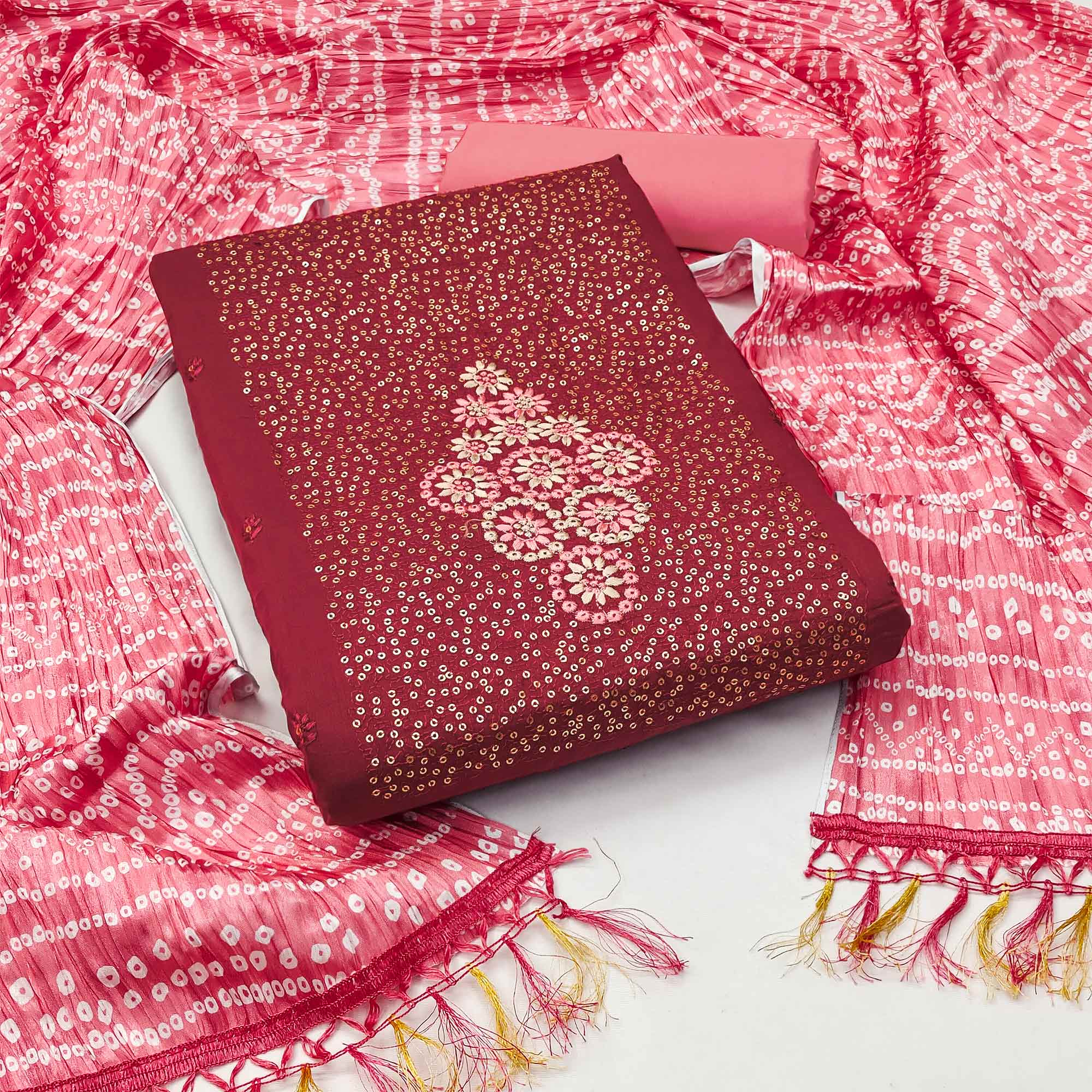 Maroon Floral Embroidered Cotton Blend Dress Material Adorned With Sparkling Sequins Work