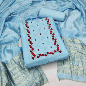 Blue Floral Embroidery Cotton Blend Dress Material Enhanced With Shimmering Sequins Work