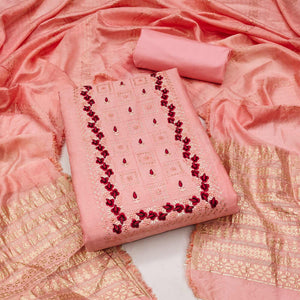 Peach Floral Embroidery Cotton Blend Dress Material Enhanced With Shimmering Sequins Work