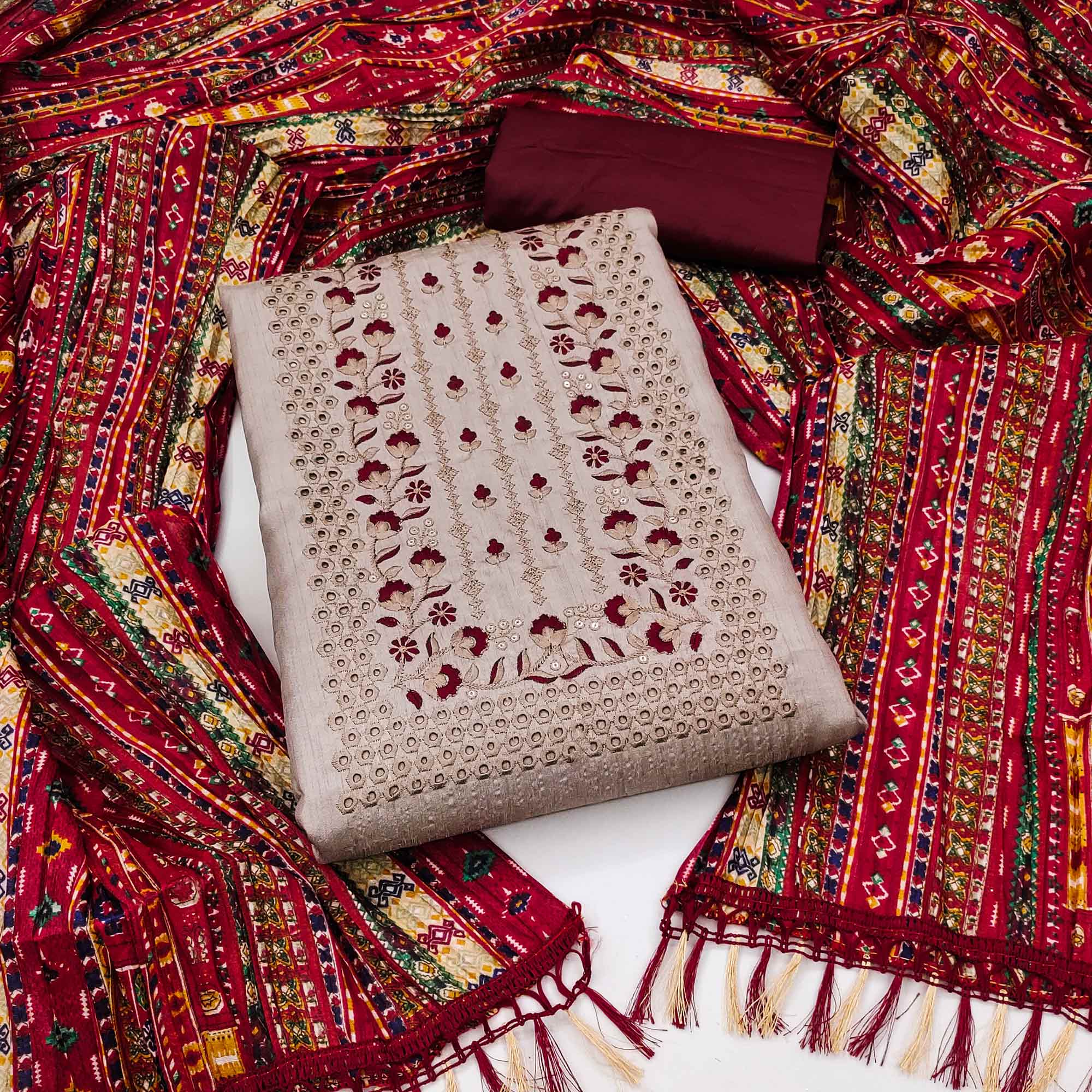 Beige Floral Sequins Embroidered Cotton Silk Dress Material